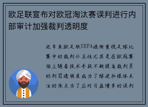 欧足联宣布对欧冠淘汰赛误判进行内部审计加强裁判透明度 欧足联宣布对欧冠淘汰赛误判进行内部审计加强裁判透明度